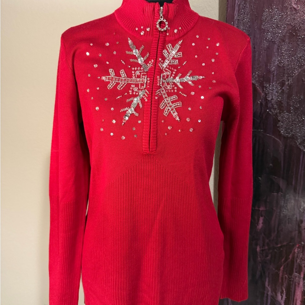NWT Boston Proper Red Knit Sweater with Beaded Snowflake Size Large
